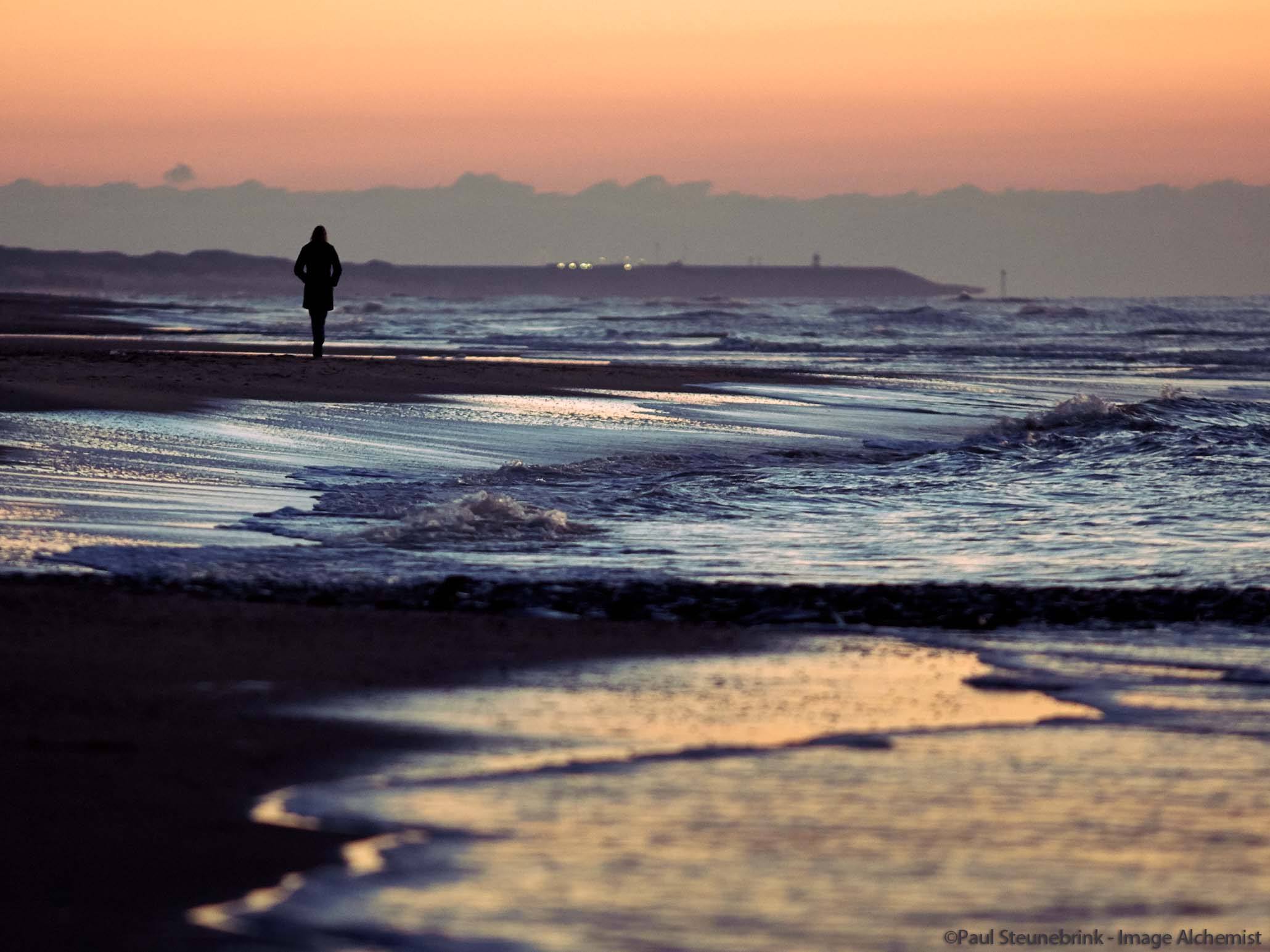 Sunset at the beach in winter