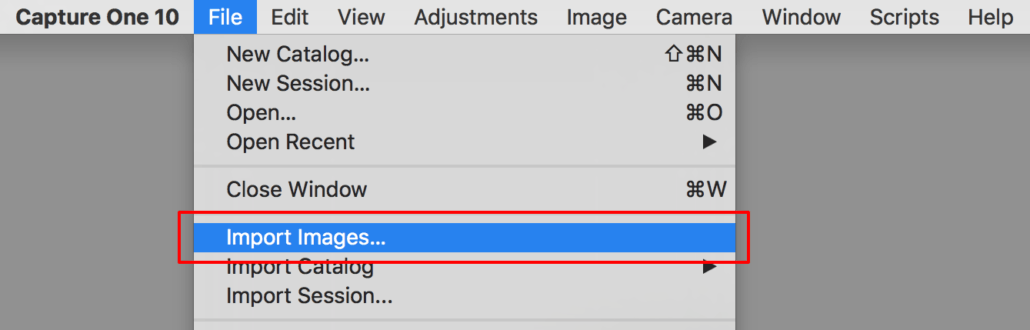 importing images into capture one, file menu