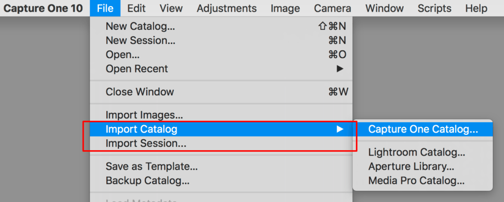 importing images into capture one, file menu