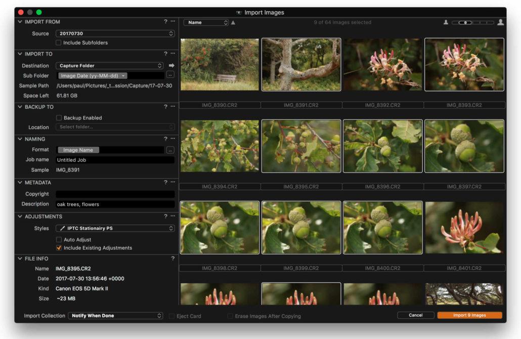importing images into capture one, import dialog