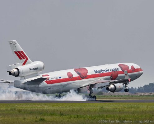 plane landing with smoke from the tires