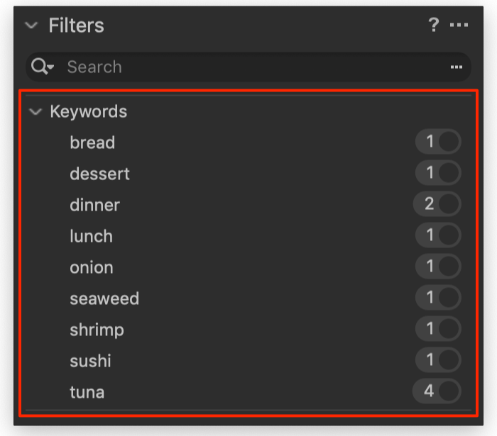 filters tool, keywords, capture one 20