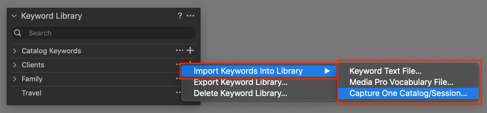 import keywords into keyword library, capture one 20