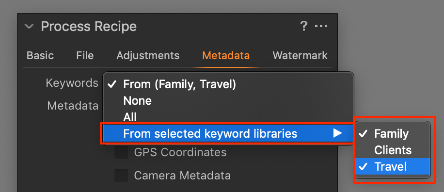process recipe, metadata, from selected keyword libraries, capture one 20