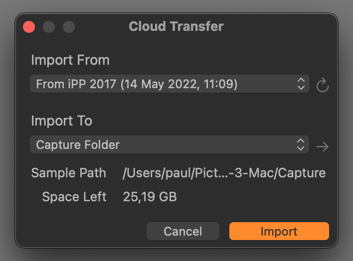 cloud transfer, capture one 22