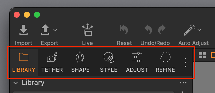 tool tabs, icons and text, capture one 22