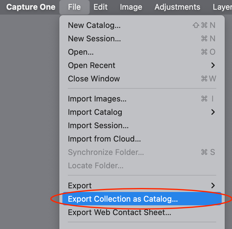 file menu, export collection as catalog, capture one 22